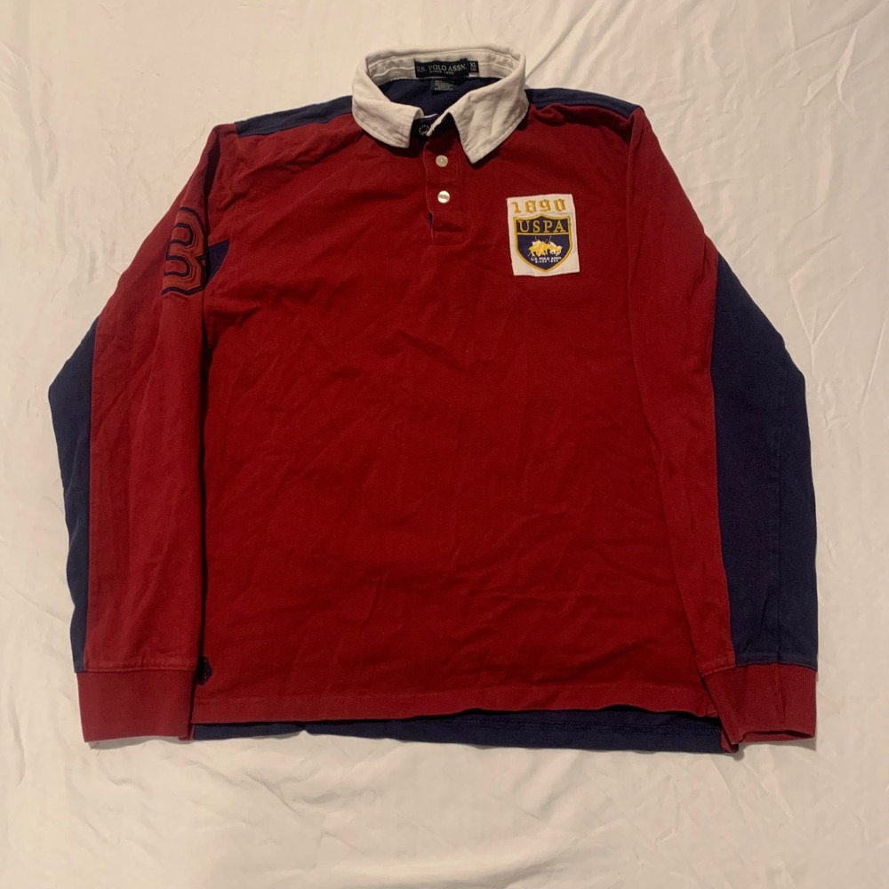 US Polo Assn Mens Long Sleeve Rugby Shirt Red Navy Blue Crest Patch XL 18